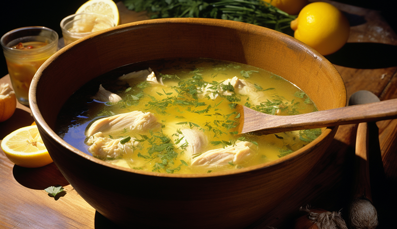Golden Chicken Bone Broth in a wooden bowl with herbs and lemon